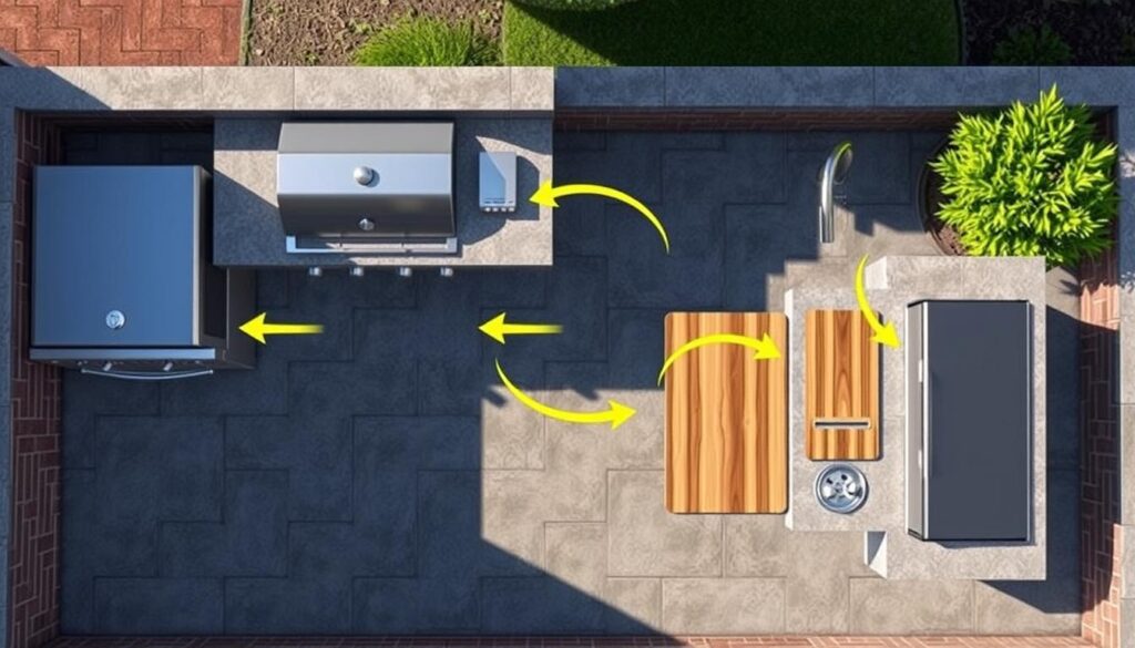Overhead view of outdoor kitchen layout showing optimal sink placement