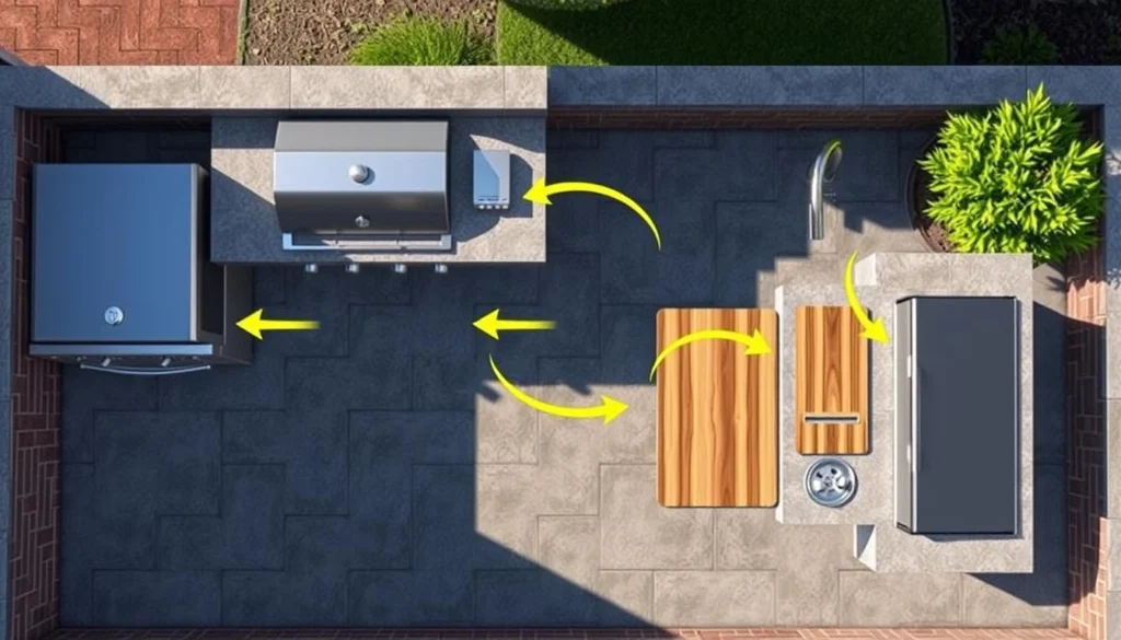 Overhead view of outdoor kitchen layout showing optimal sink placement Overhead view of outdoor kitchen layout showing optimal sink placement