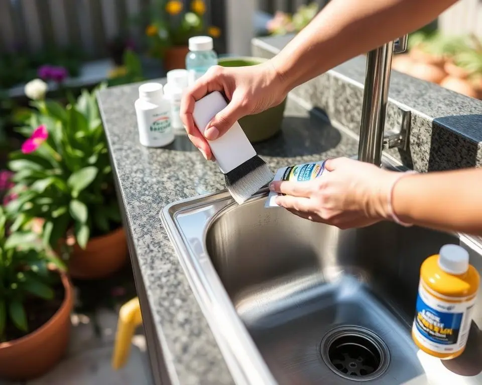 Person applying protective coating to outdoor stainless steel sink Person applying protective coating to outdoor stainless steel sink