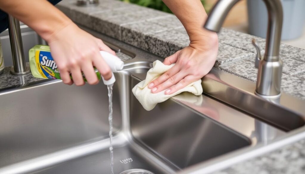 Person cleaning an outdoor kitchen sink with proper supplies