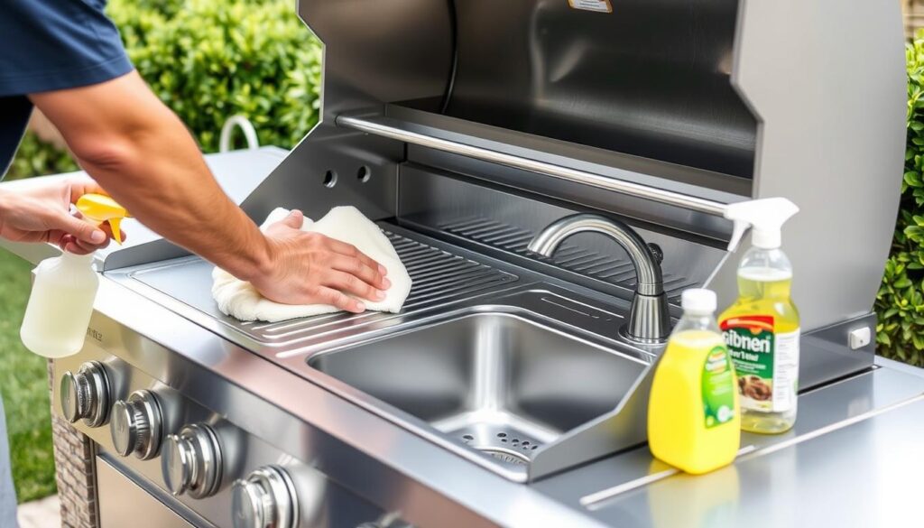Person cleaning and maintaining an outdoor BBQ grill with sink