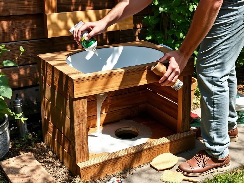 Person maintaining a rustic outdoor sink by applying sealant