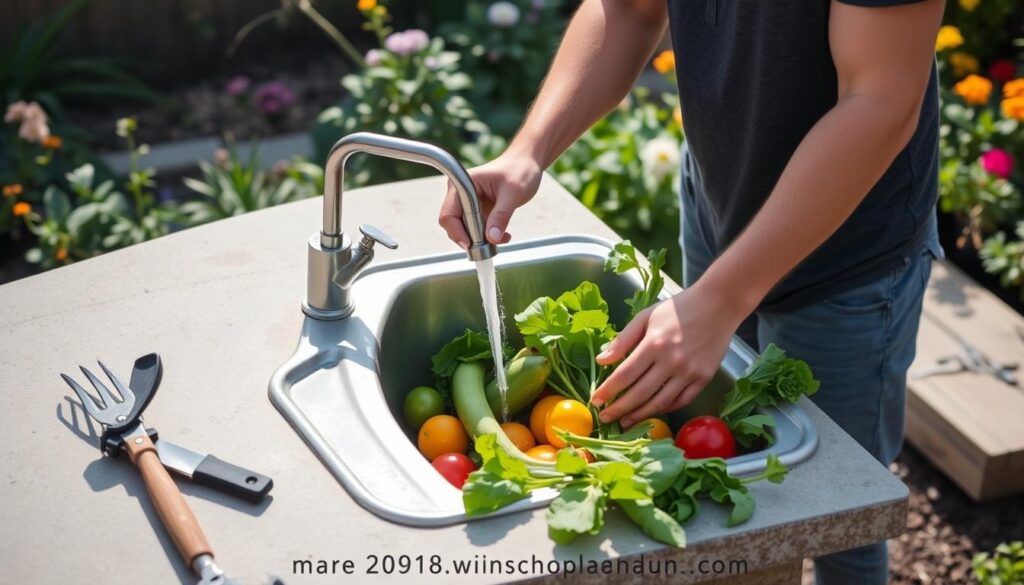 Person using a completed outdoor sink with a faucet for gardening tasks