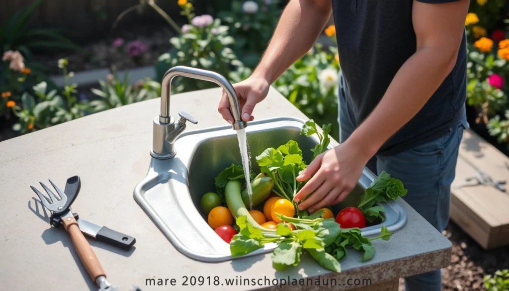 Person using a completed outdoor sink with a faucet for gardening tasks Person using a completed outdoor sink with a faucet for gardening tasks