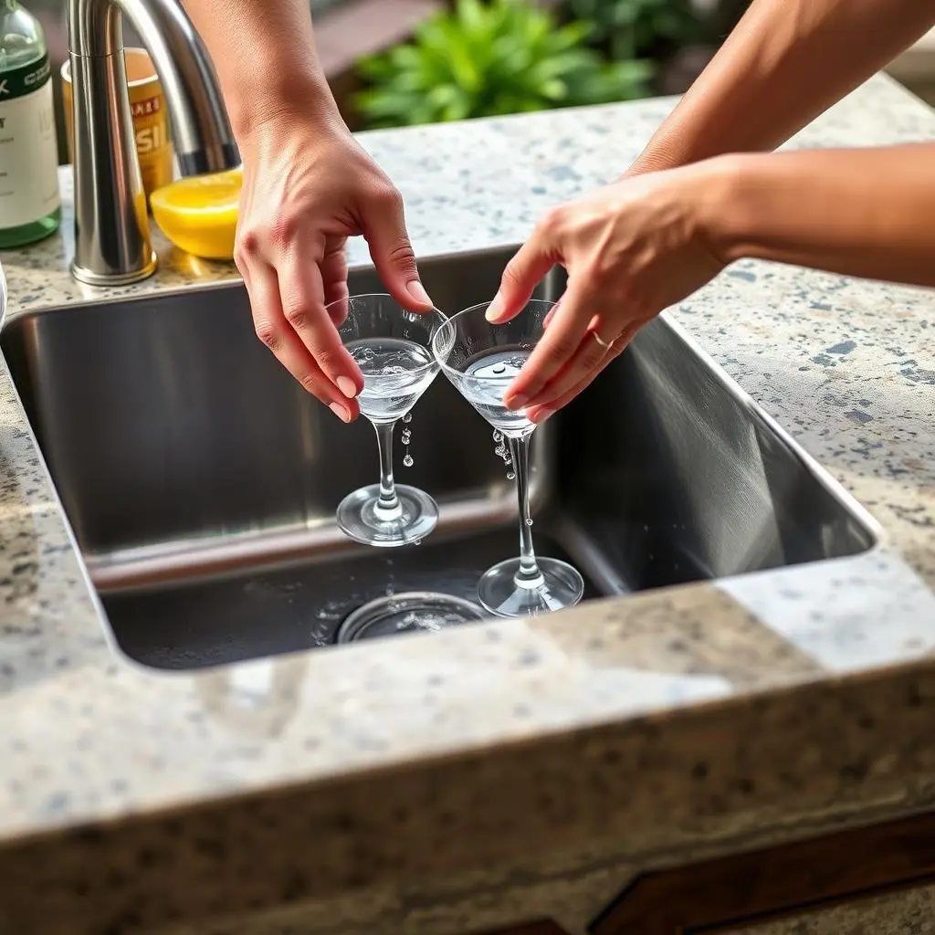 Person washing glasses at an outdoor bar sink Person washing glasses at an outdoor bar sink
