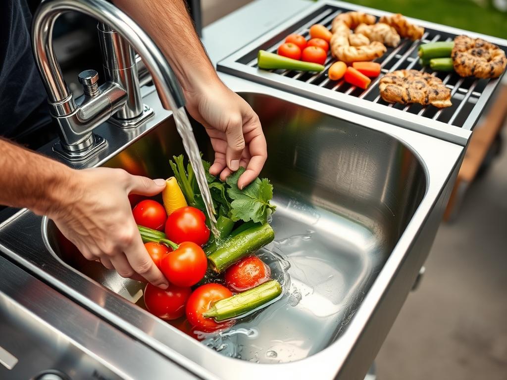 Person washing vegetables in an outdoor BBQ grill sink while cooking