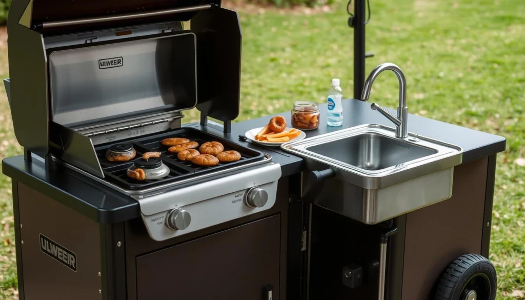 Portable outdoor kitchen with integrated cooking features and sink Portable outdoor kitchen with integrated cooking features and sink