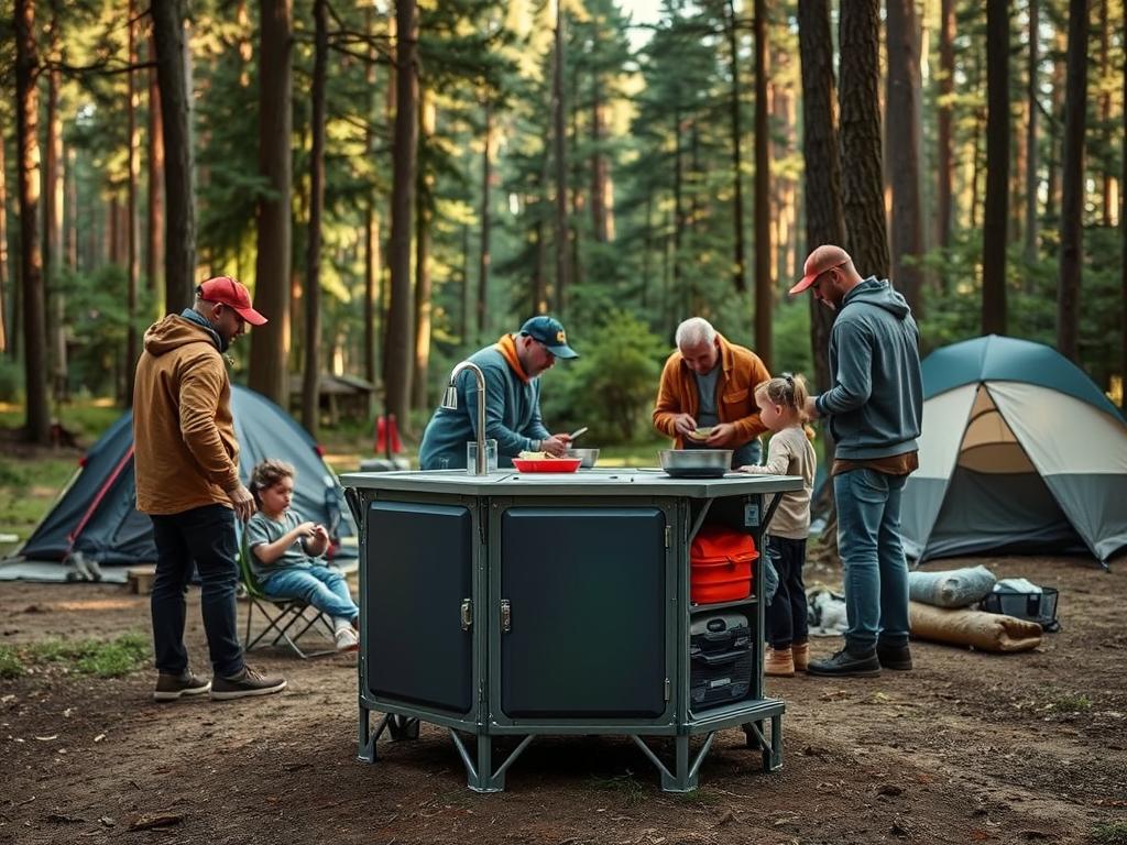 Portable outdoor kitchen with sink at a camping site Portable outdoor kitchen with sink at a camping site
