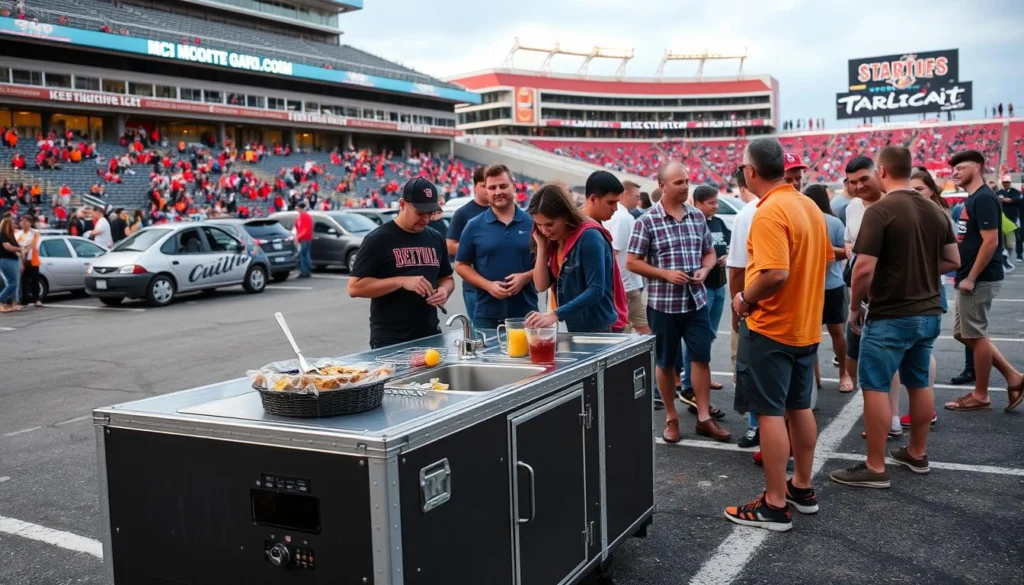 Portable outdoor kitchen with sink at a tailgating event Portable outdoor kitchen with sink at a tailgating event