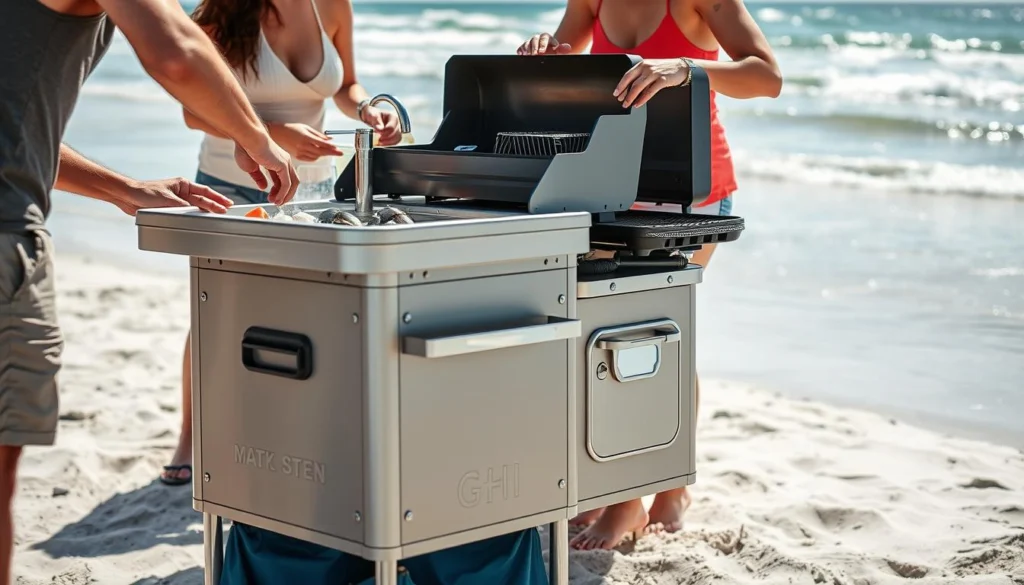 Portable outdoor kitchen with sink being used for a beach cookout Portable outdoor kitchen with sink being used for a beach cookout