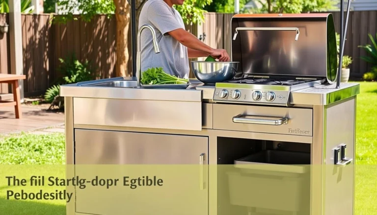 Portable outdoor kitchen with sink being used in a backyard setting