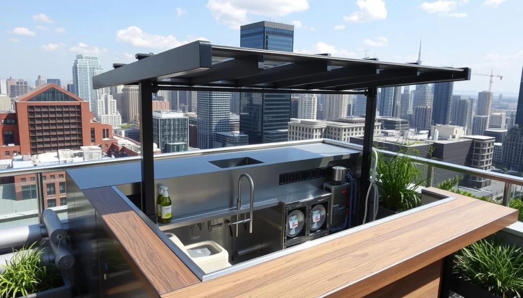 Rooftop outdoor bar with integrated sink and water recycling system Rooftop outdoor bar with integrated sink and water recycling system