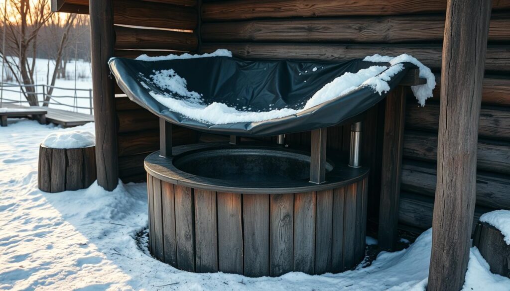 Rustic outdoor sink in winter with protective covering