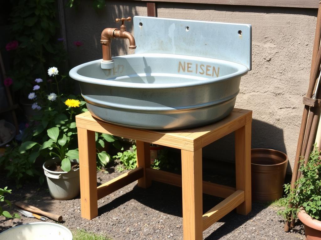 Rustic outdoor sink made from galvanized tub on wooden stand