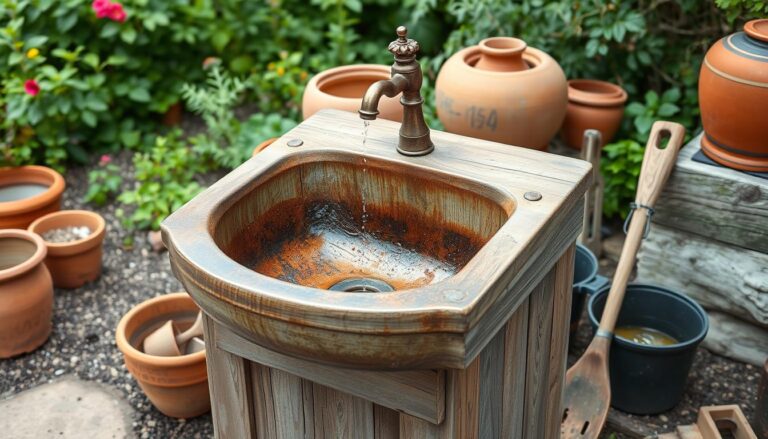 Rustic outdoor sink with wooden base and copper faucet in garden setting