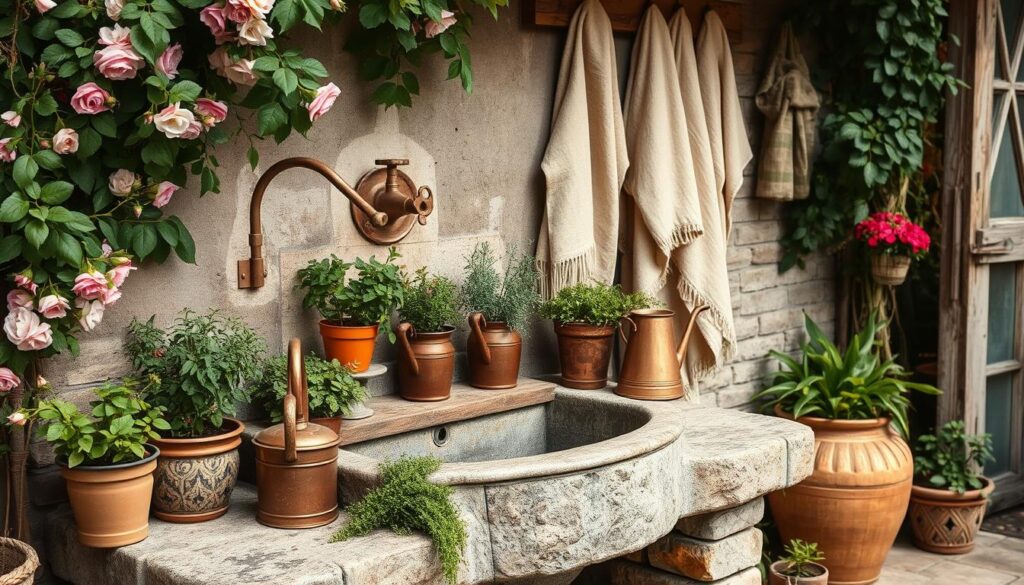 Styled rustic outdoor sink with potted herbs and vintage accessories