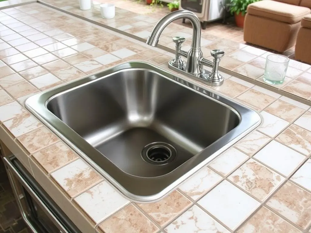 Tile countertop on outdoor bar surrounding stainless sink Tile countertop on outdoor bar surrounding stainless sink