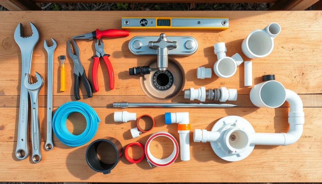 Tools and materials needed for connecting an outdoor sink with a faucet