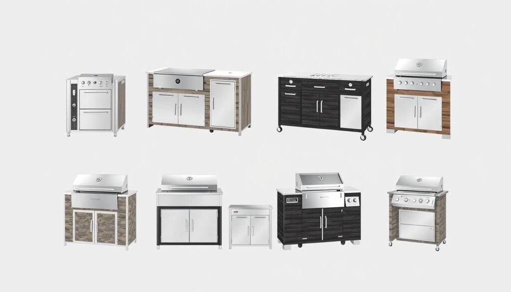 Various portable outdoor kitchen models with sinks displayed side by side Various portable outdoor kitchen models with sinks displayed side by side