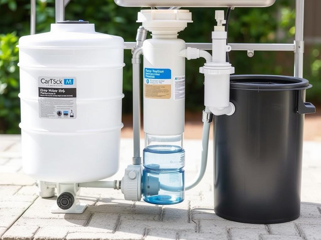 Water system components of a portable outdoor kitchen sink Water system components of a portable outdoor kitchen sink