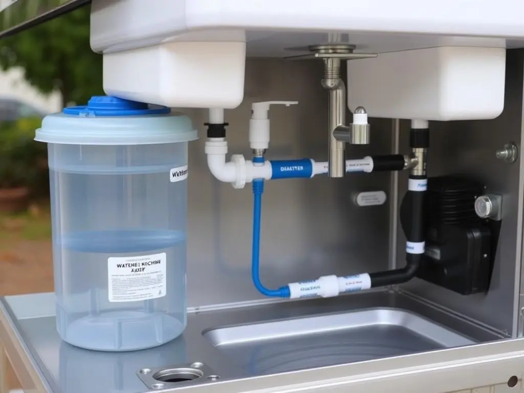 Water system components of a portable outdoor kitchen with sink Water system components of a portable outdoor kitchen with sink