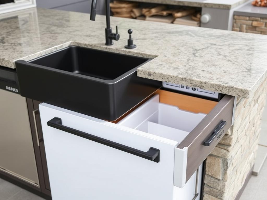 Weather-resistant outdoor kitchen island with composite sink and refrigerator drawer