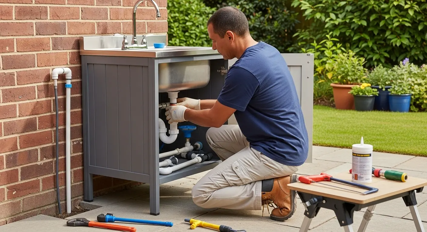 Person installing an outdoor sink, connecting plumbing components installing an outdoor sink