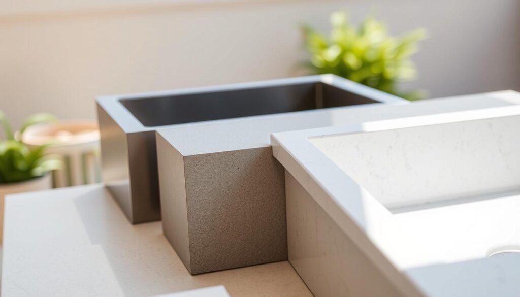 A close-up view of a variety of weather-resistant sink materials, including stainless steel, solid surface, and quartz, arranged in a clean, well-lit composition. The materials are displayed against a soft, blurred background that suggests an outdoor kitchen setting, with subtle hints of greenery or natural elements. The lighting is even and directional, creating highlights and shadows that accentuate the textures and colors of the materials. The angle is slightly elevated, allowing the viewer to appreciate the details and quality of the different sink options.