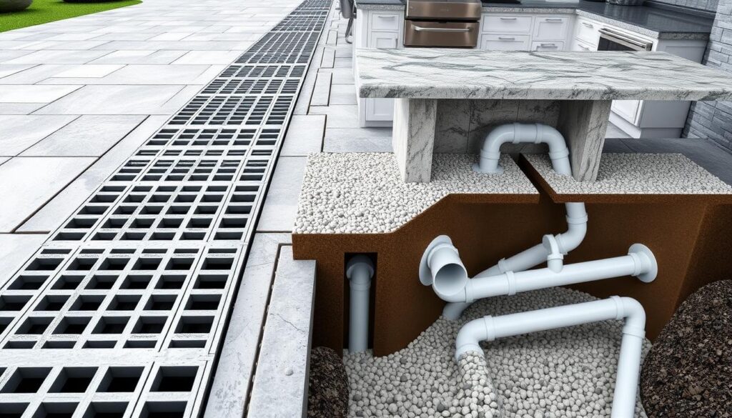 A detailed, highly efficient outdoor drainage system with interlocking grates, underground pipes, and a sleek, modern aesthetic. The foreground showcases a series of interconnected stainless steel grates seamlessly integrated into the paved surface, allowing water to flow smoothly into the hidden drainage network. The middle ground features a cross-section view revealing the intricate system of PVC pipes, gravel, and sloped drainage channels that swiftly divert excess water away from the outdoor kitchen area. The background setting is a well-designed, minimalist outdoor kitchen with a stone countertop, stainless steel appliances, and a harmonious color palette that complements the drainage system's functional yet stylish design.
