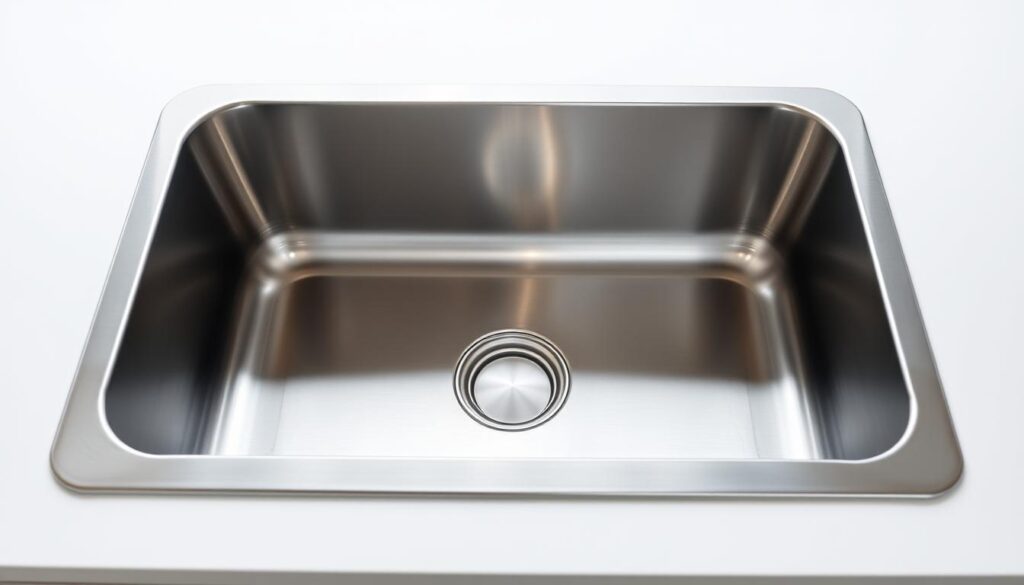 A detailed, well-lit photograph of a sleek, modern stainless steel kitchen sink set against a clean, minimalist white countertop background. The sink has a rectangular basin with gently curved corners, showcasing its generous depth and ample size to accommodate large pots and pans. Soft, directional lighting illuminates the sink's durable, reflective surface, highlighting its high-quality construction and elegant design. The overall composition emphasizes the sink's practical dimensions and visually communicates its suitability for an outdoor kitchen setting.