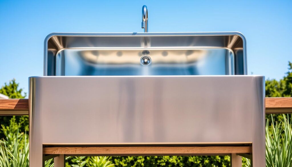A durable stainless steel outdoor sink stands tall, its polished surface gleaming under crisp, natural lighting. The sink's sturdy frame is anchored to a weathered wooden countertop, blending rustic charm with modern practicality. Reflected in the sink's mirrored basin, the surrounding lush greenery and clear blue sky create a serene, outdoor ambiance. The sink's clean lines and seamless design convey a sense of quality and reliability, perfectly suited for a hardworking, yet beautiful outdoor kitchen or entertaining space.