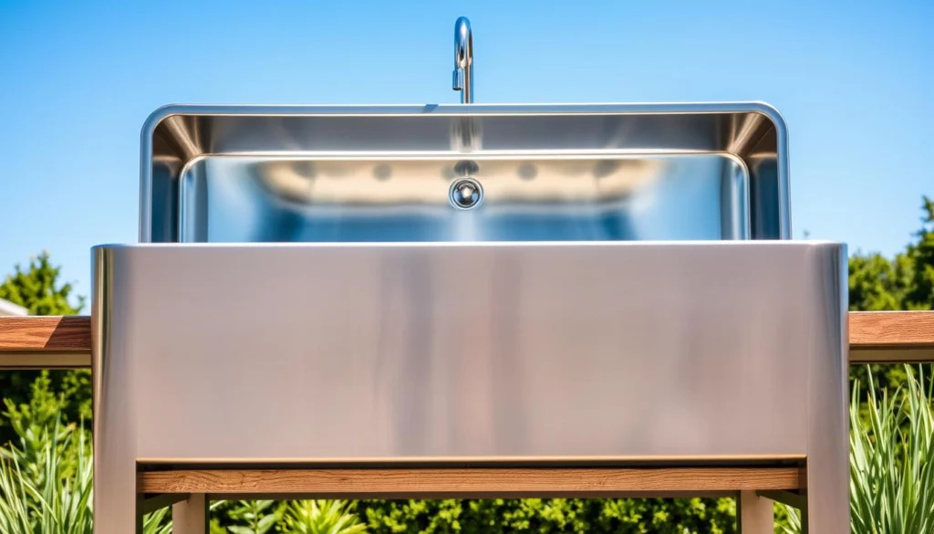 A durable stainless steel outdoor sink stands tall, its polished surface gleaming under crisp, natural lighting. The sink's sturdy frame is anchored to a weathered wooden countertop, blending rustic charm with modern practicality. Reflected in the sink's mirrored basin, the surrounding lush greenery and clear blue sky create a serene, outdoor ambiance. The sink's clean lines and seamless design convey a sense of quality and reliability, perfectly suited for a hardworking, yet beautiful outdoor kitchen or entertaining space. A durable stainless steel outdoor sink stands tall, its polished surface gleaming under crisp, natural lighting. The sink's sturdy frame is anchored to a weathered wooden countertop, blending rustic charm with modern practicality. Reflected in the sink's mirrored basin, the surrounding lush greenery and clear blue sky create a serene, outdoor ambiance. The sink's clean lines and seamless design convey a sense of quality and reliability, perfectly suited for a hardworking, yet beautiful outdoor kitchen or entertaining space.