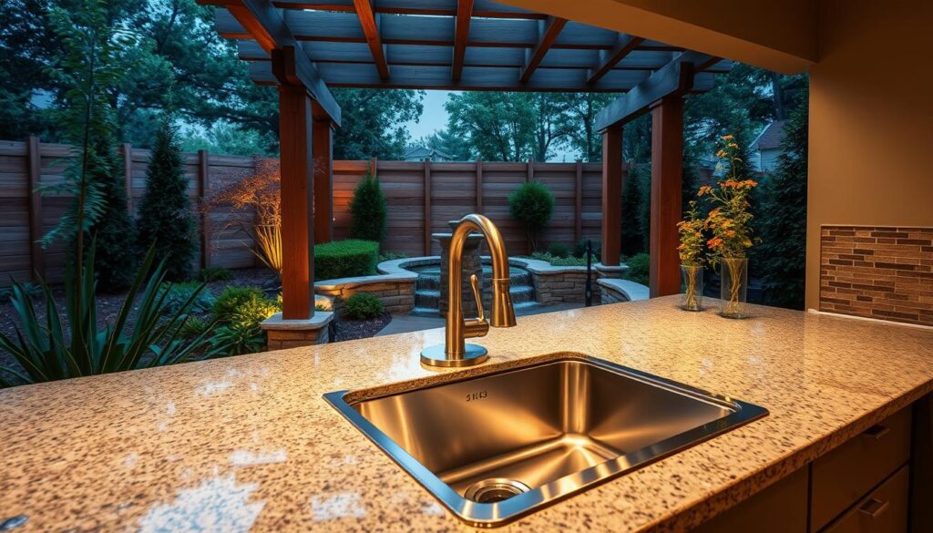 A sleek, modern outdoor kitchen sink nestled in a lush, meticulously landscaped garden. The sink's stainless steel basin gleams under the warm glow of strategically placed lighting, casting a soft, inviting ambiance. Surrounding the sink, smooth granite countertops extend, providing ample workspace for food preparation. Intricate tile patterns in earthy tones line the backsplash, adding a touch of elegance. In the background, a wooden pergola casts gentle shadows, complementing the natural wood accents of the cabinetry. A subtle water feature, such as a small fountain or cascading waterfall, adds a soothing, tranquil element to the scene. The overall composition captures the perfect balance of form and function, showcasing the importance of a high-quality outdoor kitchen sink.
