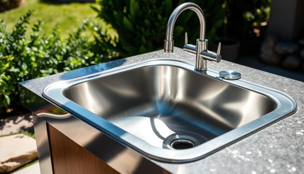 A stainless steel outdoor sink, gleaming under bright sunlight, set against a backdrop of lush greenery and natural stone. The sink features a deep basin, smooth curved edges, and a high-arching faucet with clean lines. The overall design exudes a sense of durability and functionality, perfectly suited for an outdoor kitchen or patio. Subtle reflections on the polished surface add depth and dimension, while the stainless steel material conveys a rugged, weatherproof aesthetic. The scene is captured from a slightly elevated angle, showcasing the sink's practical features and highlighting its sturdy construction.