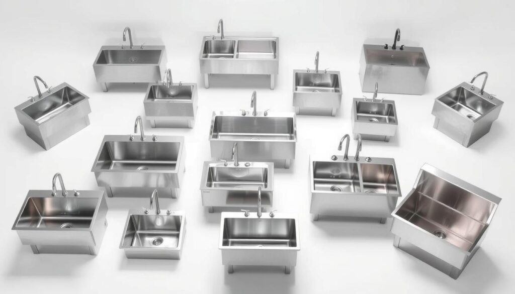 A wide variety of outdoor stainless steel sinks, each with distinct design and functionality, arranged in a well-lit, clean, and minimalist studio setting. The sinks are presented from various angles, showcasing their sleek, durable, and rustproof construction. The scene is illuminated by soft, directional lighting, accentuating the metal's lustrous finish and highlighting the practical features like deep basins, integrated drainboards, and versatile mounting options. The background is a neutral, white backdrop, allowing the sinks to be the sole focus, conveying a sense of simplicity and timelessness.