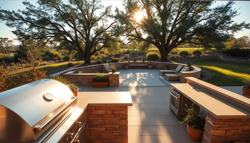 An idyllic outdoor kitchen scene, bathed in warm afternoon sunlight. In the foreground, a sleek stainless steel grill and side burners gleam, surrounded by a sturdy concrete countertop. Nearby, a spacious L-shaped island with a built-in sink and prep area, perfect for hosting alfresco gatherings. In the middle ground, lush potted plants and herbs frame the space, adding a touch of greenery. Beyond, a tranquil stone patio extends, flanked by a low stone wall and towering shade trees, creating a serene and inviting atmosphere. Captured through a wide-angle lens, the scene exudes a sense of openness and the desire to linger and entertain outdoors.
