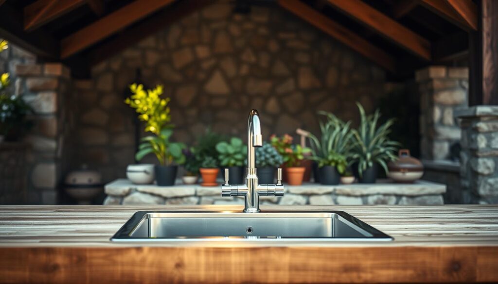 An outdoor kitchen sink with a modern, minimalist design, set against a backdrop of natural stone and lush greenery. In the foreground, a sleek stainless steel sink with two separate faucets - one for hot water and one for cold, their chrome fixtures gleaming in the soft, diffused sunlight. The sink is nestled into a sturdy, weathered wooden countertop, complemented by a stone backsplash that adds texture and depth. The middle ground features a mix of potted herbs and succulents, their vibrant colors and organic forms echoing the natural setting. In the background, a high-pitched roof with exposed beams casts gentle shadows, creating a warm, inviting atmosphere. The overall scene conveys a sense of functionality, style, and seamless integration with the outdoor environment.