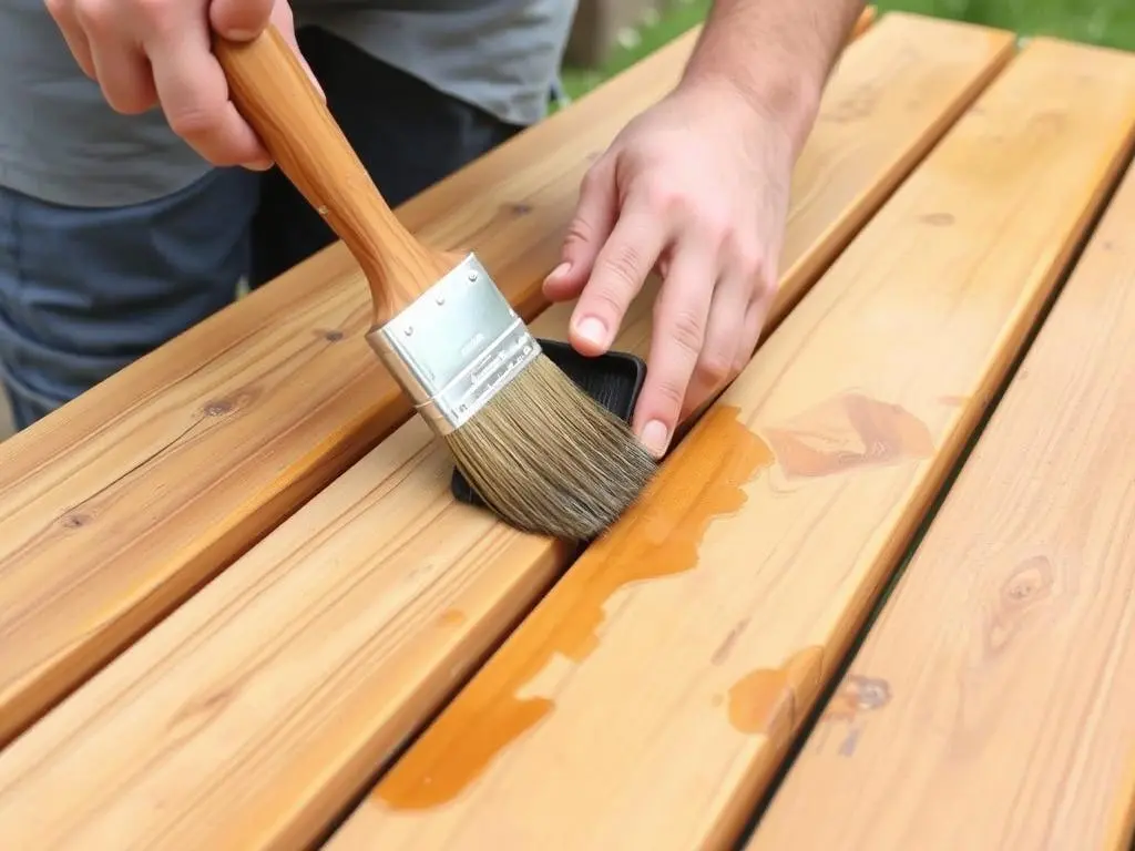 Application of protective sealant to wooden potting bench surfaces Application of protective sealant to wooden potting bench surfaces