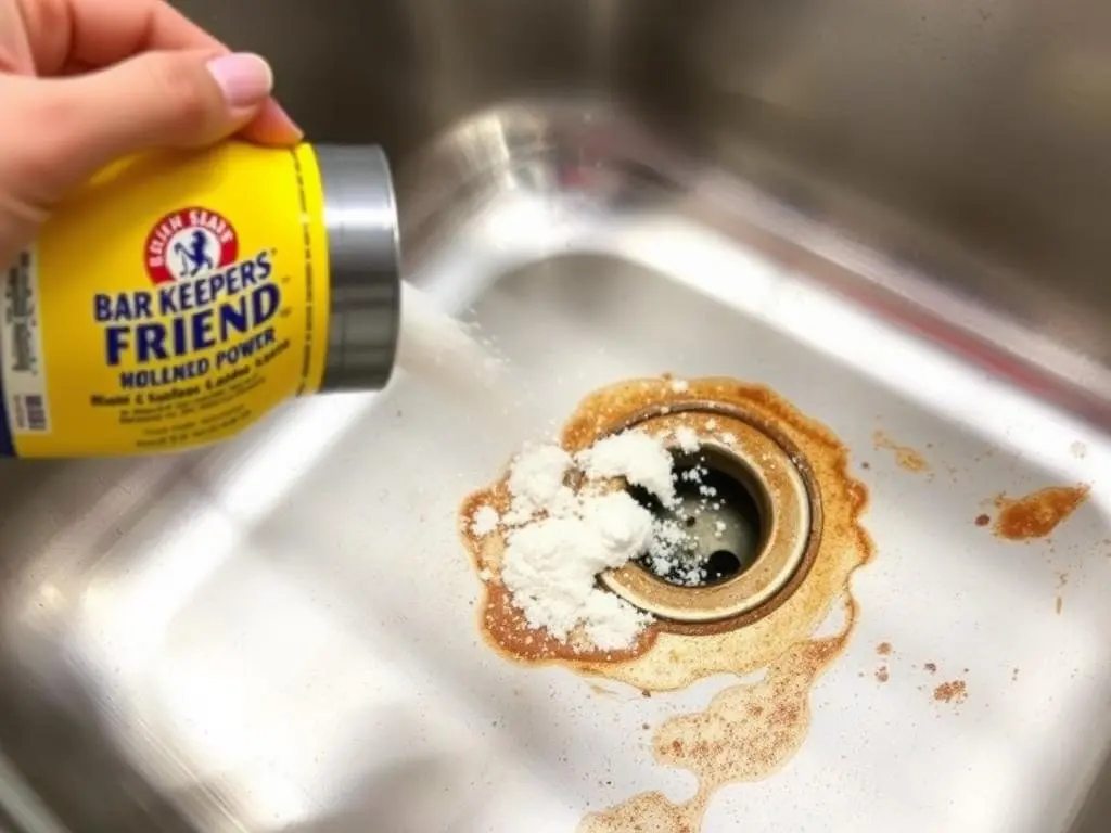 Applying Bar Keepers Friend to remove rust from stainless steel sink Applying Bar Keepers Friend to remove rust from stainless steel sink