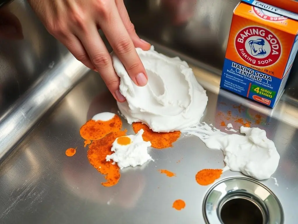 Applying baking soda paste to remove rust from stainless steel sink Applying baking soda paste to remove rust from stainless steel sink
