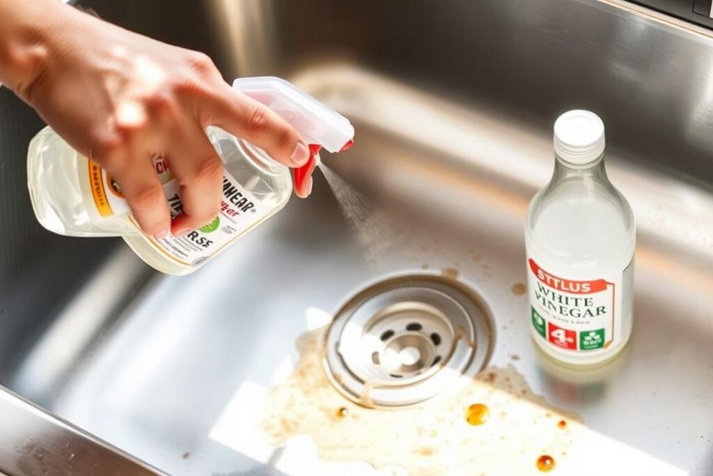 Applying white vinegar to rust spots on stainless steel sink