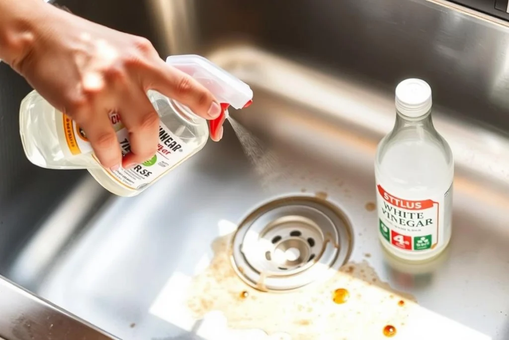 Applying white vinegar to rust spots on stainless steel sink Applying white vinegar to rust spots on stainless steel sink