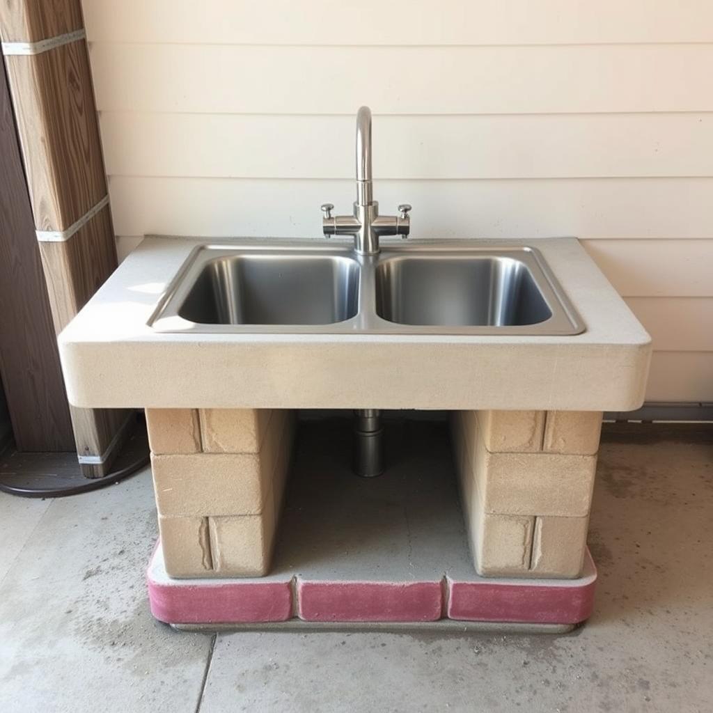 Cinder block base outdoor kitchen sink with stainless steel basin - low budget DIY project