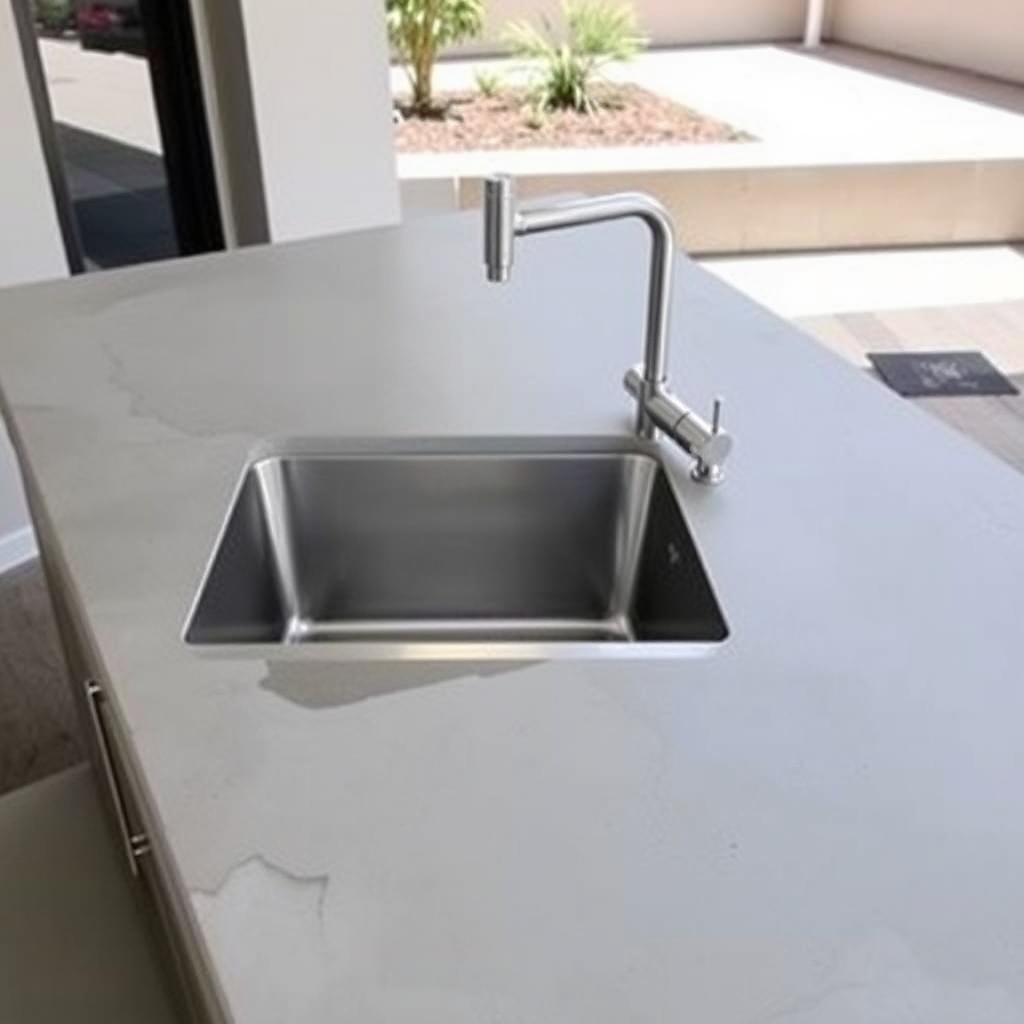 Clean, minimalist low budget DIY outdoor kitchen sink with concrete countertop and simple lines
