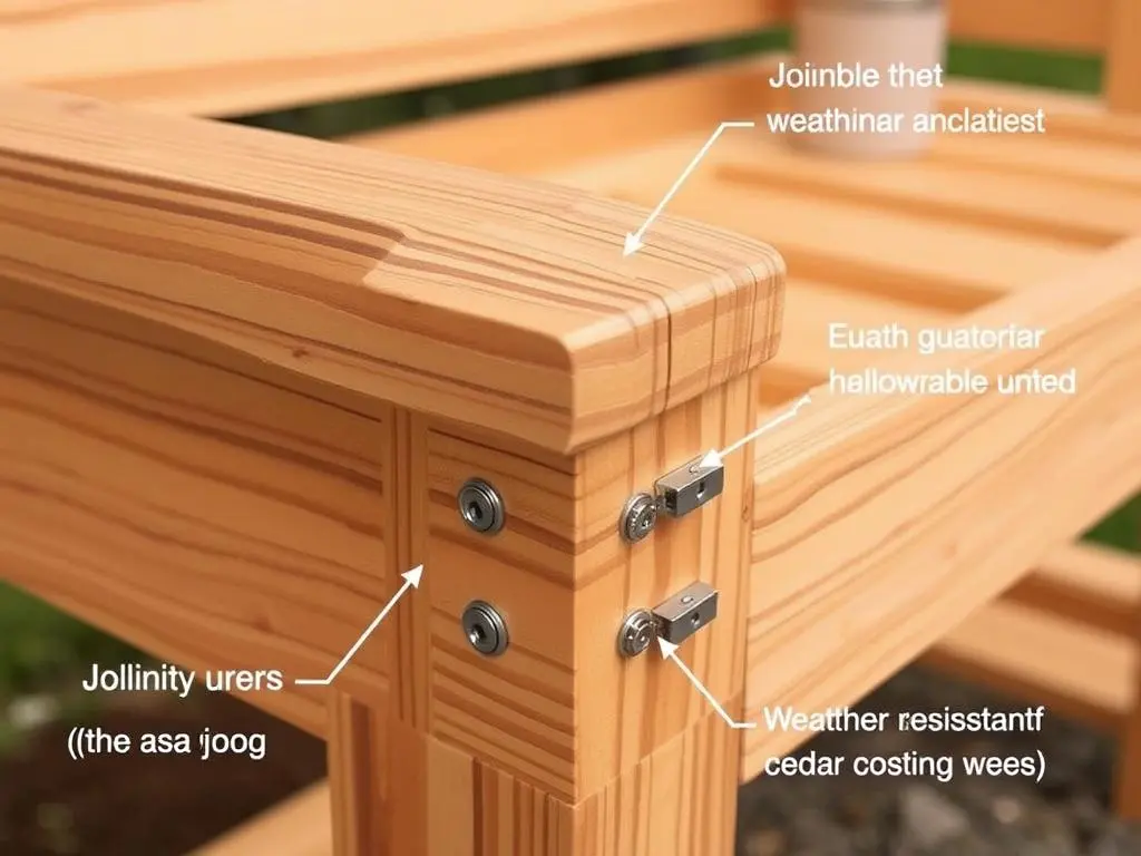 Close-up of a cedar wood potting bench showing quality construction details Close-up of a cedar wood potting bench showing quality construction details