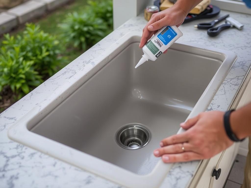 Close-up of sink basin being installed into countertop for a low budget DIY outdoor kitchen sink