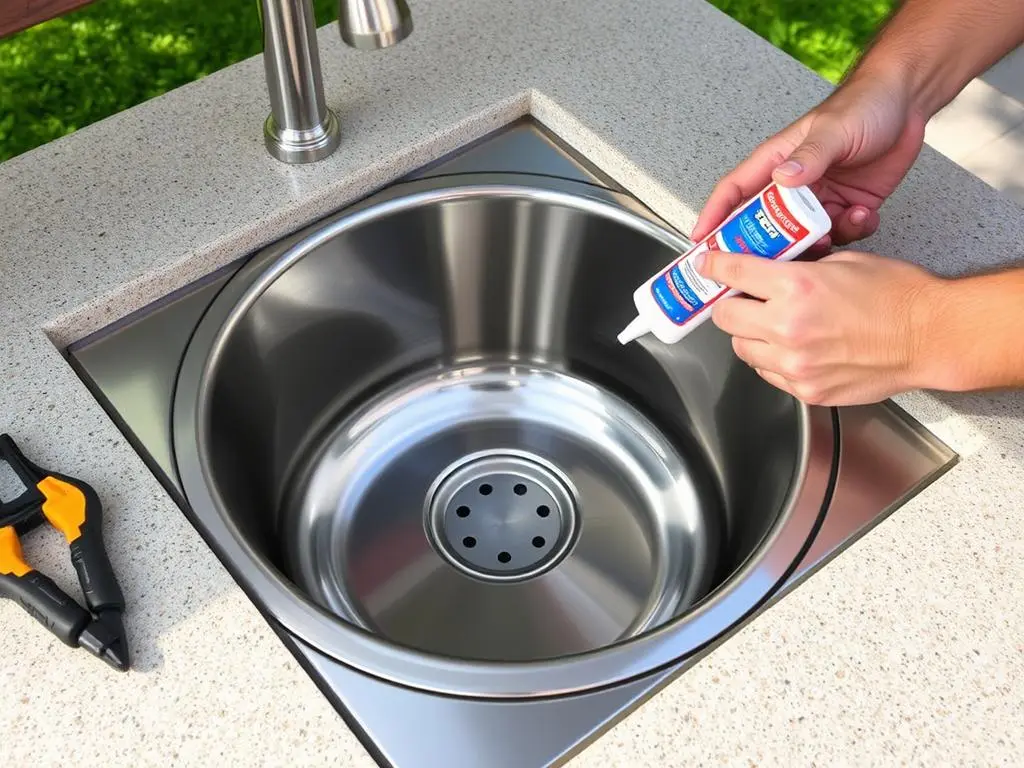 Close-up of sink being installed in countertop with sealant application Close-up of sink being installed in countertop with sealant application