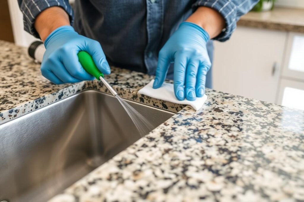 Close-up of under-mount sink seal maintenance showing proper cleaning technique