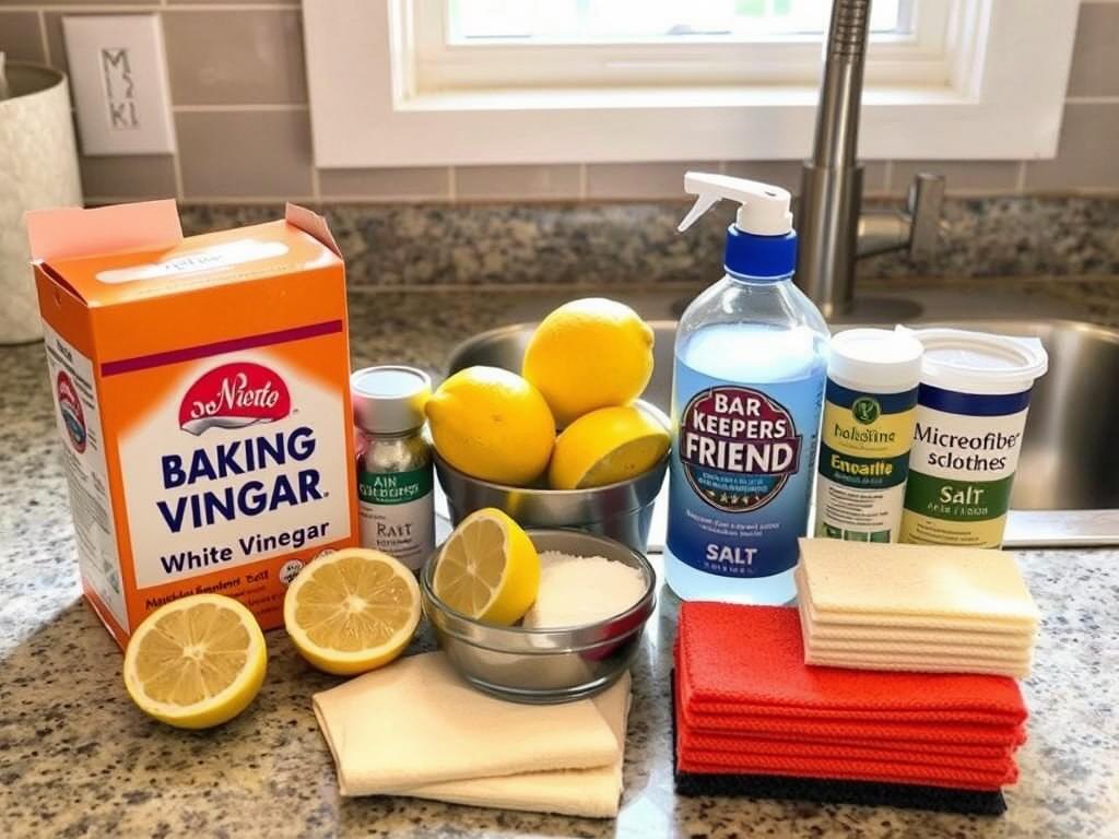 Collection of tools and materials to remove rust from stainless steel sink
