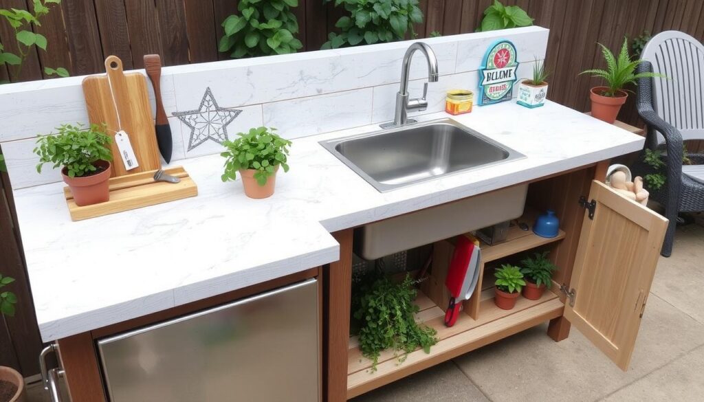 Customized low budget DIY outdoor kitchen sink with herb planter and tool storage